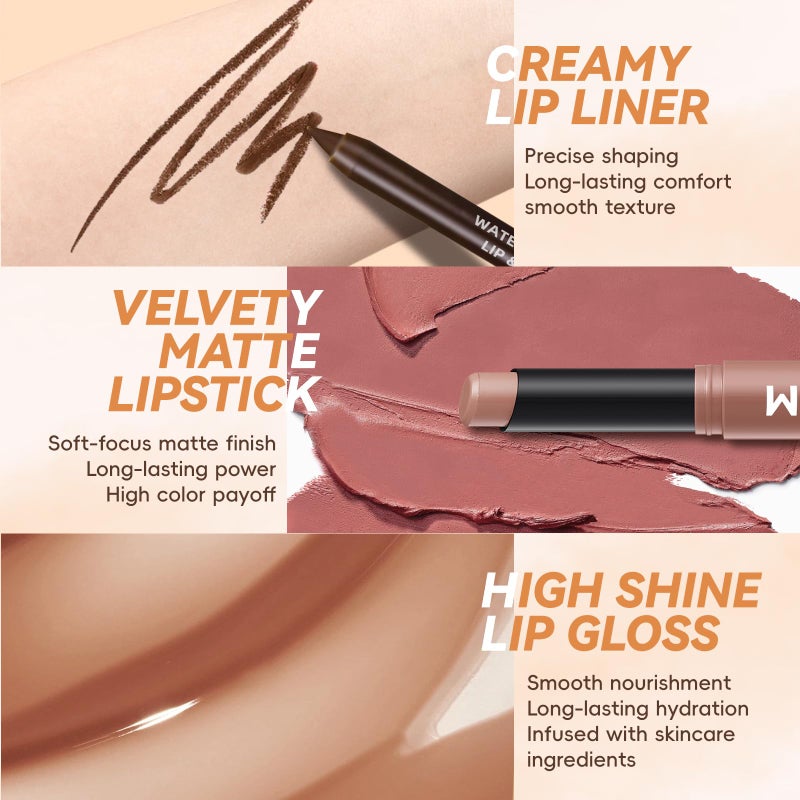 Noerrors Juicy Nude Lip Kit with Matte Lipstick & Nourishing Lip Gloss & Brown Lip Liner, Moisturizing Glossy High Shine Pluming Lip Combo for Women, Smooth Tinted Lip Glow Oil Lip Contour Trio Set - Image 3